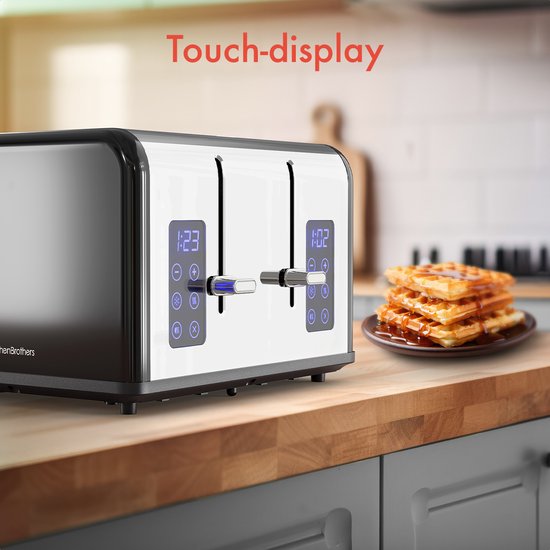 KitchenBrothers Toaster - Grille-pain - 6 niveaux de chaleur - 4 fentes extra-larges - écran tactile - 1630W - acier inoxydable/noir
