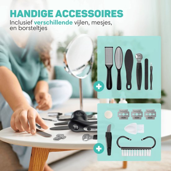 Vulpes Goods® BeautyCare - Extracteur de callosités électrique PRO - 6 disques de callosités inclus - Extracteur de callosités électrique - Set d'extraction de callosités professionnel, set de pédicure de 10 pièces et sac de voyage - lime pour les pieds -