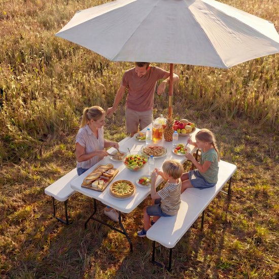 LifeGoods Set de pique-nique pliable - 124cm x 61.5cm - Table de jardin avec 2 bancs - Résistant aux intempéries - Table de camping - Table de bière pliable - Pour l'intérieur et l'extérieur - Pour 4 à 6 personnes - Blanc