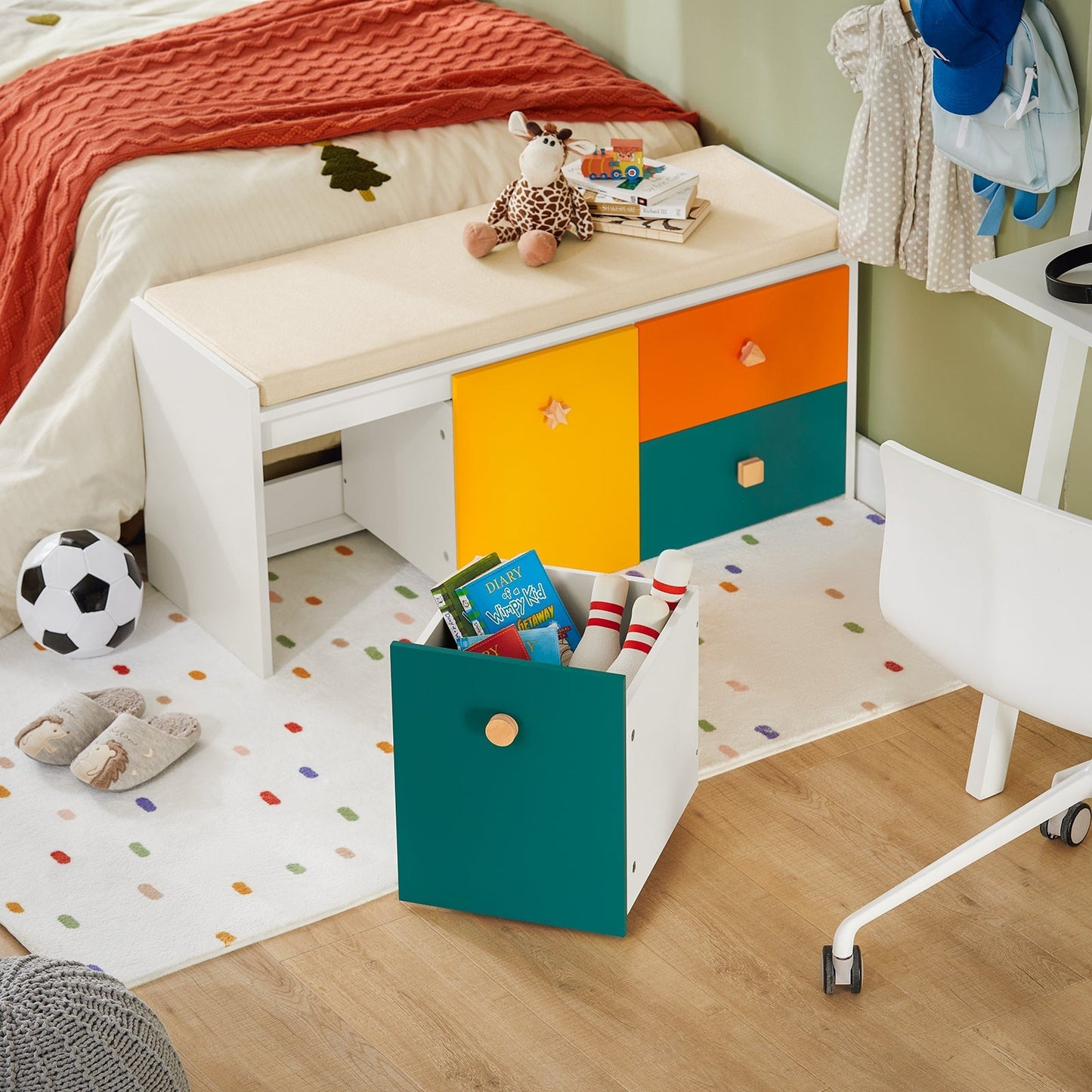 SoBuy Banc de rangement enfant avec 2 armoires et 2 tiroirs - Max. 150 kg - 100 x 37 x 46 cm - Coloré
