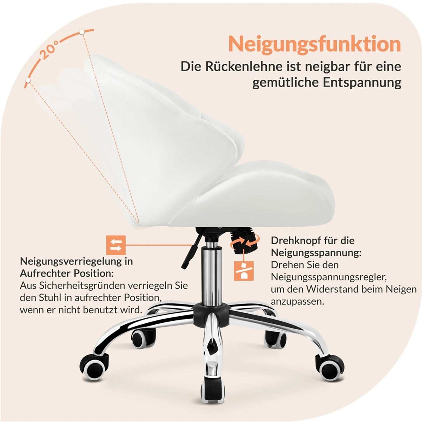 Yaheetech Chaise de bureau en forme de coquillage - avec fonction pivotante, hauteur réglable par vérin à gaz et dossier rembourré - pour le bureau à domicile et la chambre à coucher - polyester blanc et métal - 60 x 60 x 76,5-86 cm