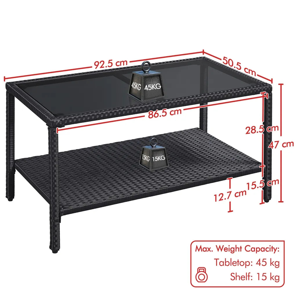 Yaheetech Table basse en rotin - Table d'appoint - Avec plateau en verre - Avec étagère - Intérieur/extérieur - Gris
