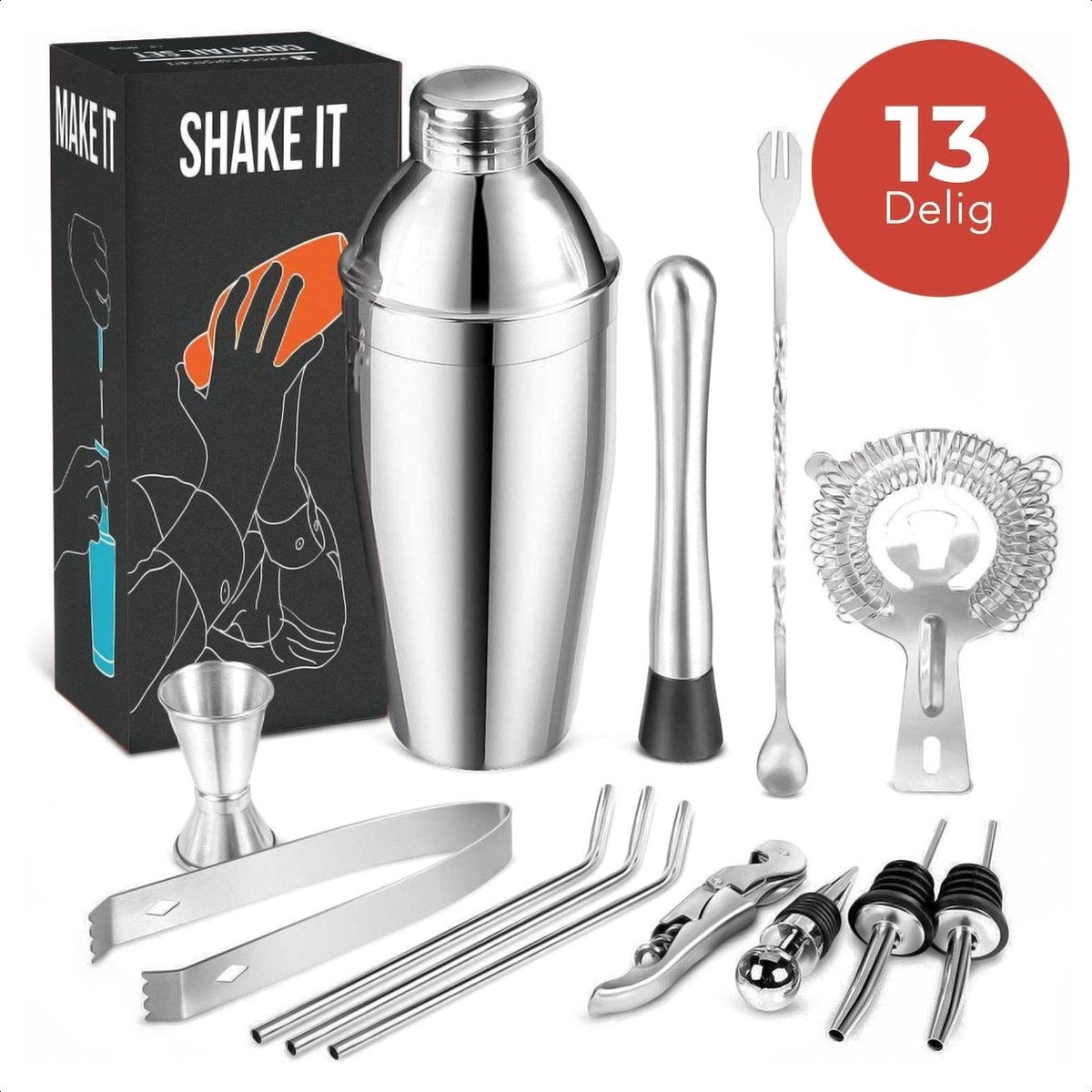 KitchenBrothers Cocktail Set with Cocktail Shaker - 13 Pieces - Complete Set - Gift Box - stainless steel