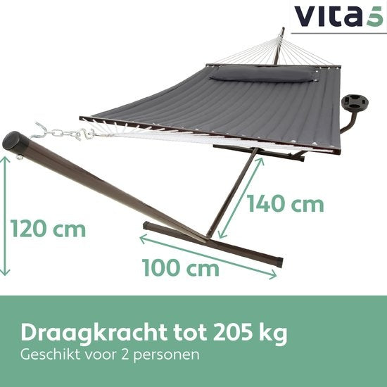 Hamac Vita5 avec support et poteau de déploiement - 2 personnes - avec porte-gobelet - coussin amovible - résistant aux UV - gris foncé