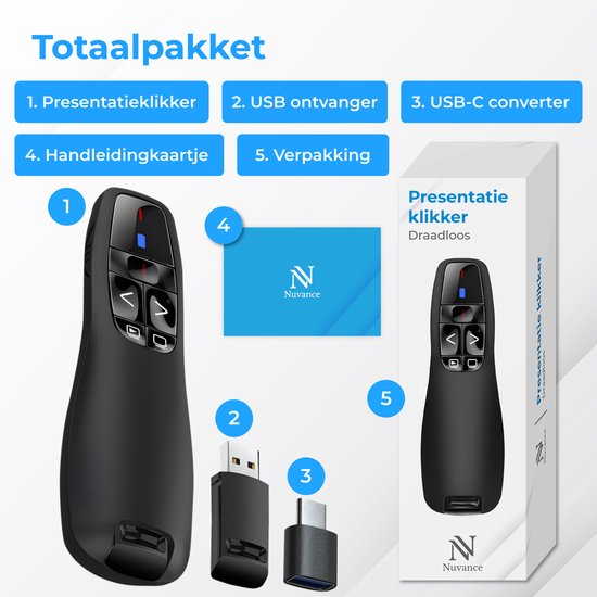 Nuvance Presentation Clicker - Laser - Pointeur - Présentateur - Récepteur USB - Adaptateur USB C inclus - Clicker