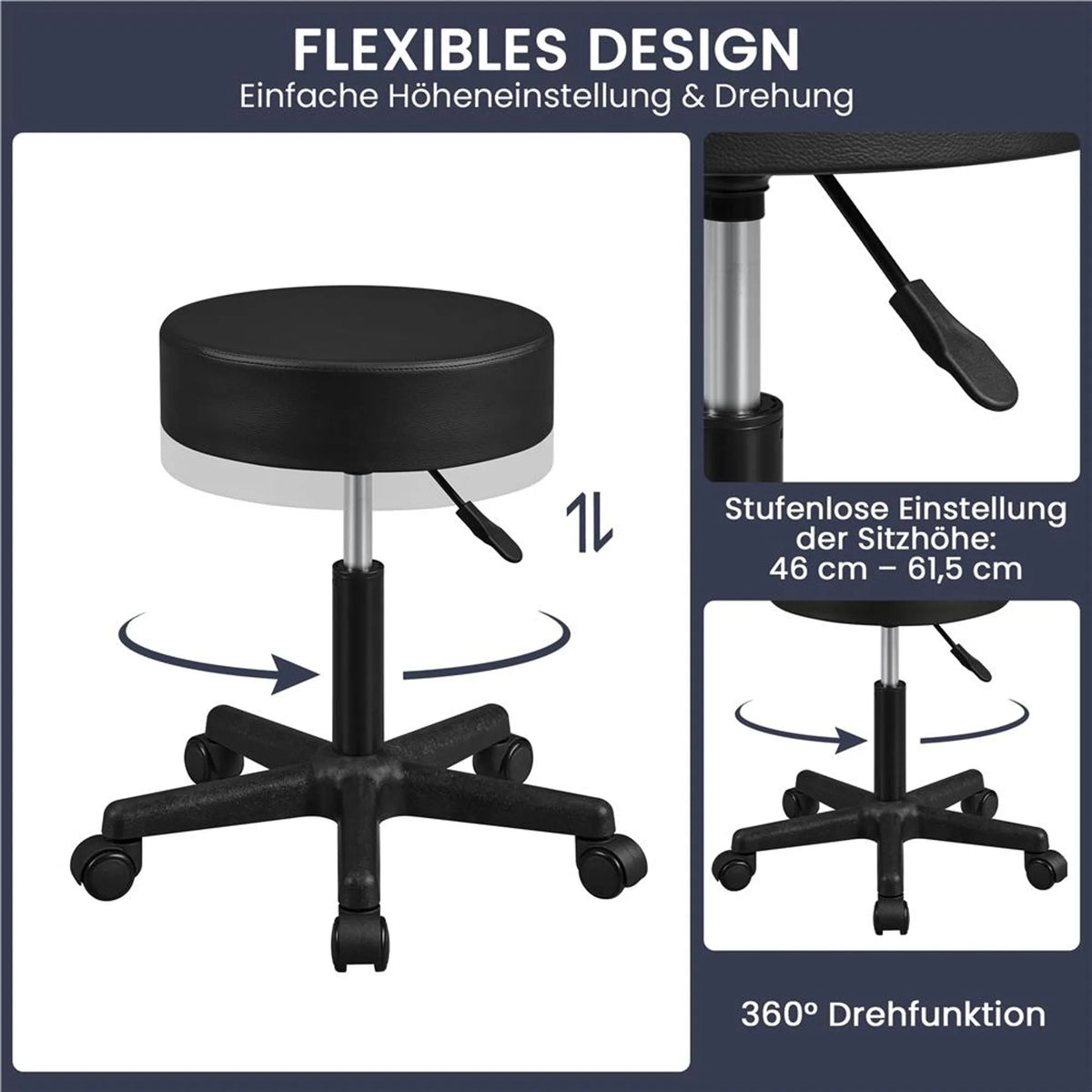 Yaheetech Tabouret de bar réglable en hauteur - équipé d'un coussin de siège de 10 cm d'épaisseur et d'une base pivotante à 360° avec roues - pour bureau, studio et îlot de cuisine - cuir noir et métal - 50 x 50 x 46 - 61,5 cm