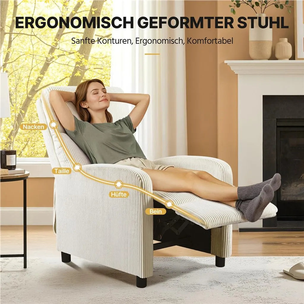 Fauteuil de détente Yaheetech en tissu cordé avec repose-pieds réglable - Beige - 61,5 x 87 x 99 cm - Poids max. : 120 kg