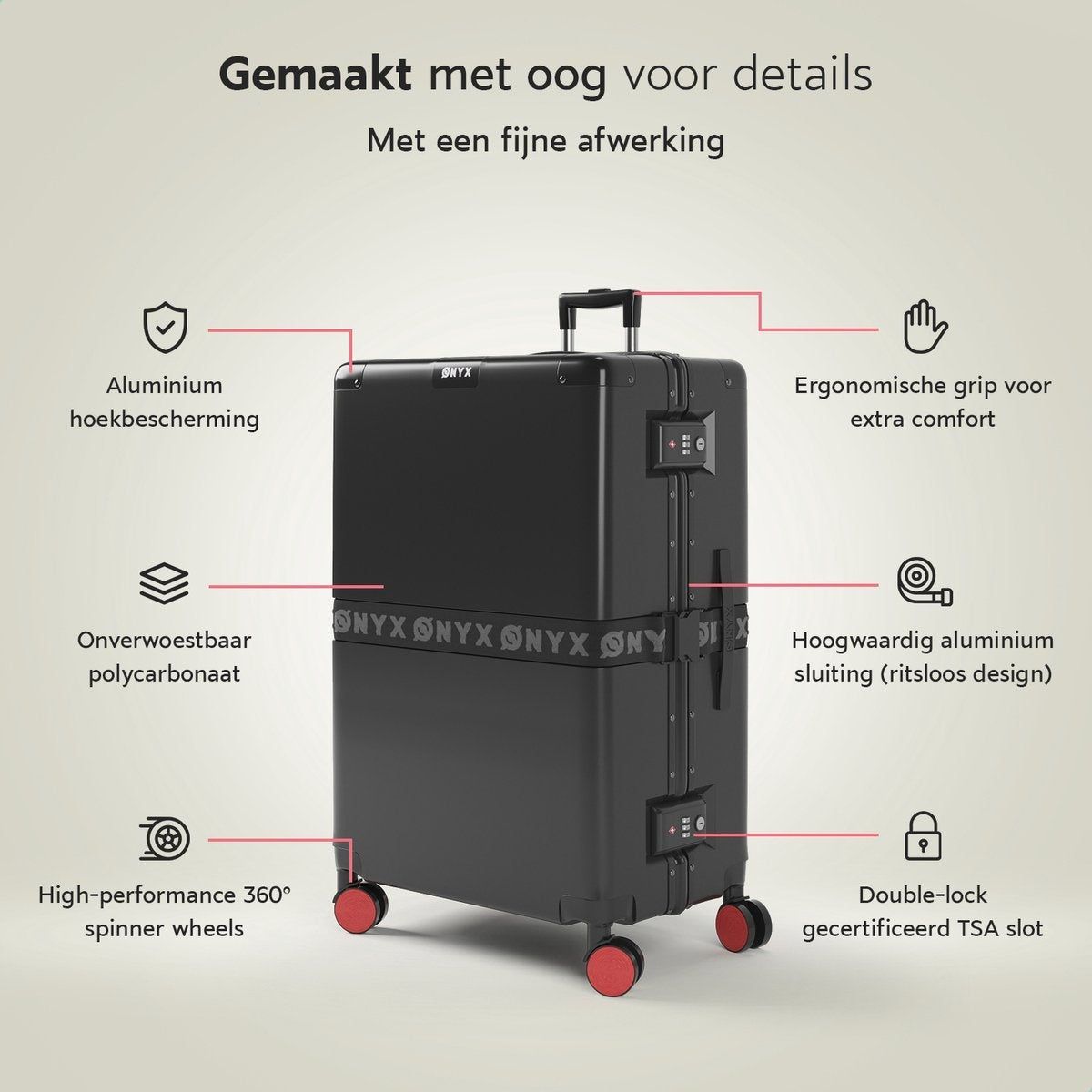 ONYX® - Valise d'enregistrement 100L - Serrure TSA - Trolley léger - Fermeture en aluminium - Noir
