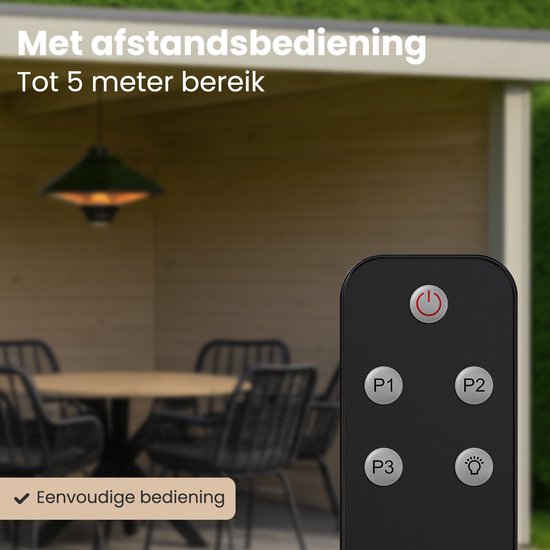Auronic Terrace Heater - Chauffage infrarouge - Suspendu - 20m2 - Electrique - 2000W - Télécommande - 3 niveaux - Noir