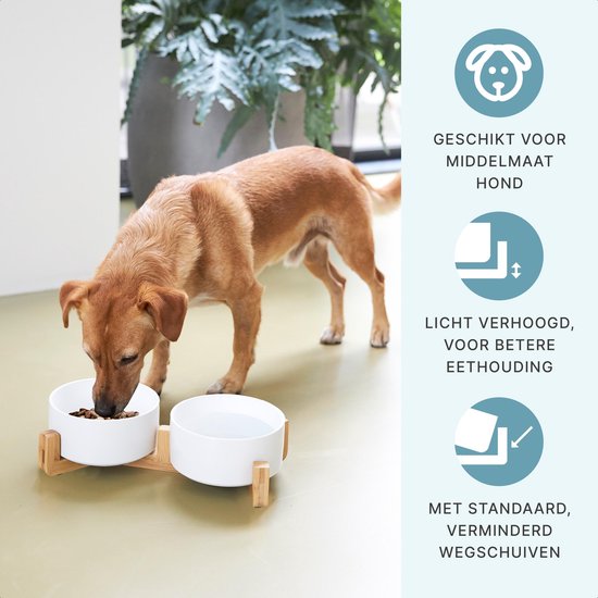 Gamelle chien - abreuvoir - avec support en bambou - 2x 800 ml - taille M - blanc mat