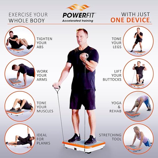 Vibro Shaper - plaque vibrante dotée d'une technologie d'oscillation qui raffermit le corps - Power Plate sollicite tous les groupes musculaires - sangles Power Stretch incluses