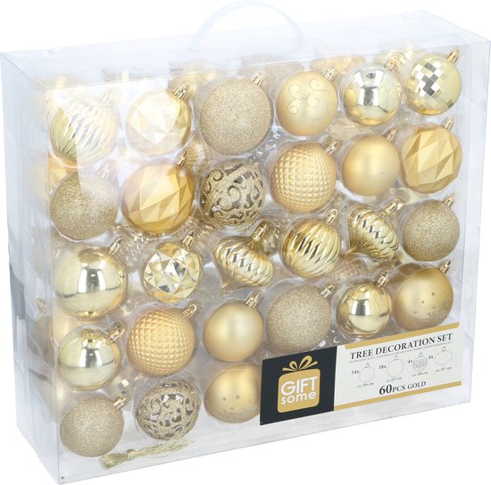 Lot de boules de Noël dorées Giftsome - 60 boules de Noël en plastique - avec pointe dorée - Décoration de Noël - 6/7 cm