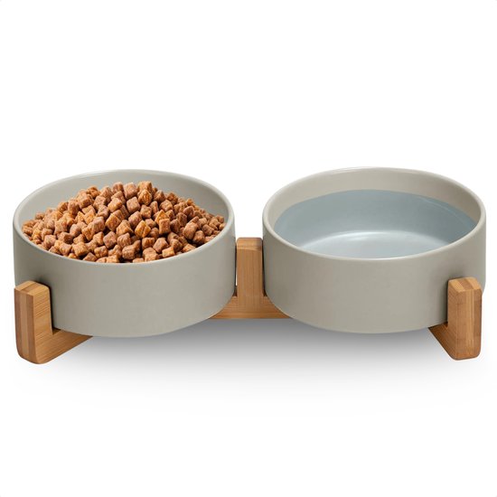 Jake and Jacky Feeding Bowl Cat and Dog Ceramic - Bols d'alimentation doubles avec support - Abreuvoir - 2x 400 mL - Gris
