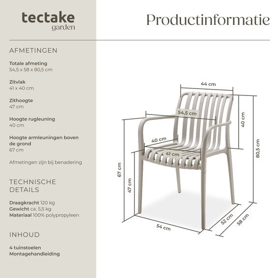 tectake® Lot de 4 chaises de jardin Alcudia - Taupe - Chaises en plastique avec accoudoir - Empilables - Chaises pour jardin, terrasse ou balcon - Résistantes aux intempéries et aux UV - Capacité 120kg par chaise de jardin