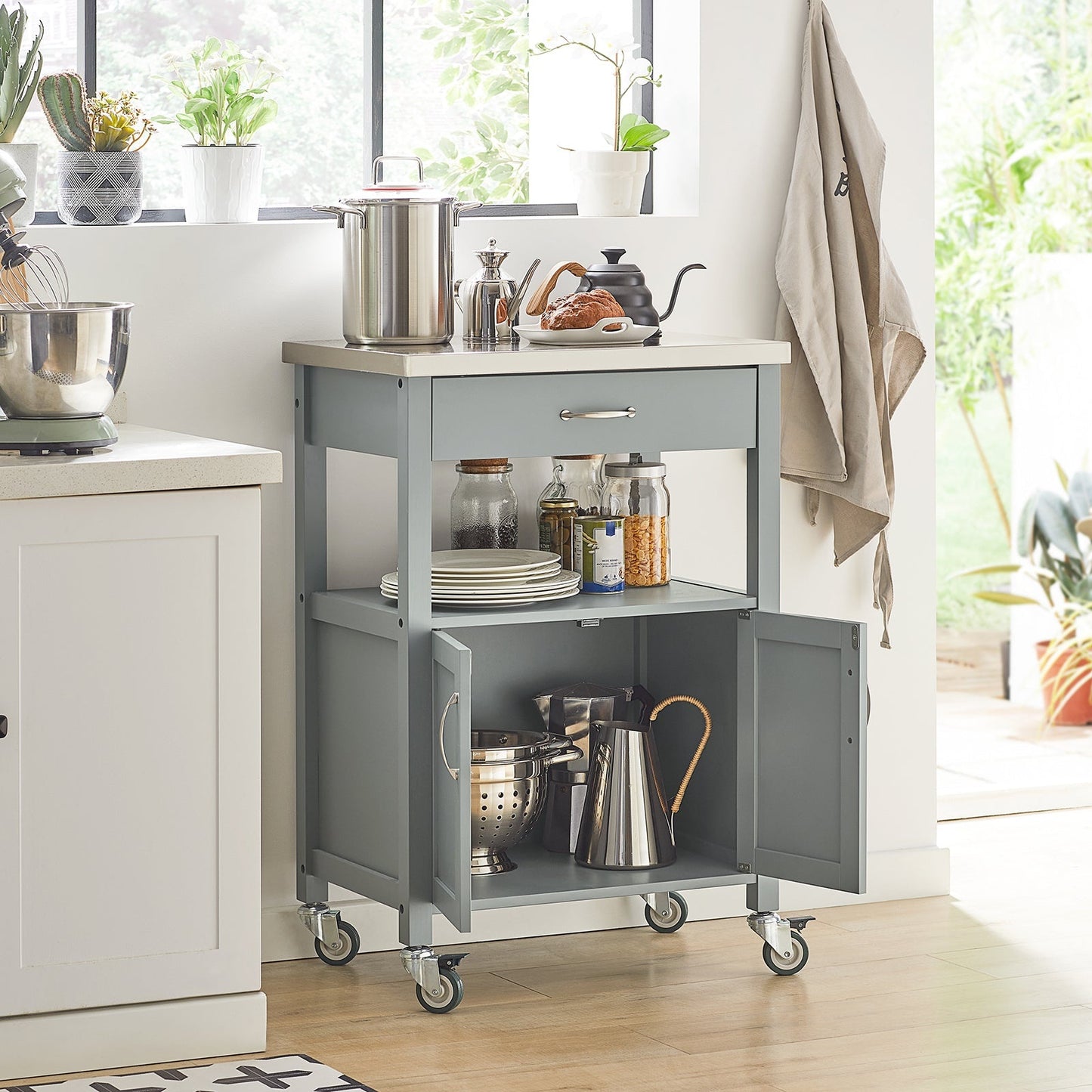 SoBuy Chariot de cuisine avec 1 tiroir et 2 portes - Max. 30KG - 60 x 44 x 92 cm - Gris