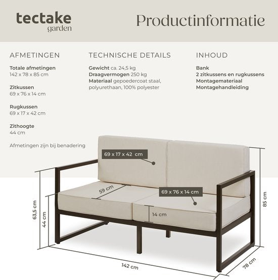 tectake® - Canapé de jardin Comosa - Couchage 2 places - Banc de jardin - Canapé de jardin 2 places - Coussins d'assise et de dossier déperlants et ultra-épais - Capacité 125kg par place - Marron/beige
