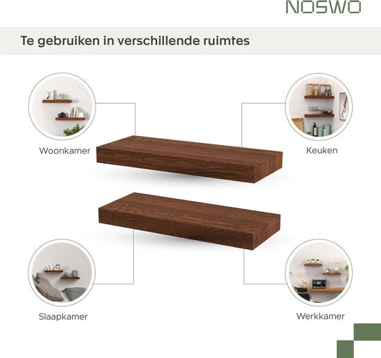 Étagère murale flottante - Noswo - Lot de 2 - 15 kg max - Bois de manguier massif - 43x16.8 x4 cm - étagère à livres / étagère à photos - Matériel de fixation inclus