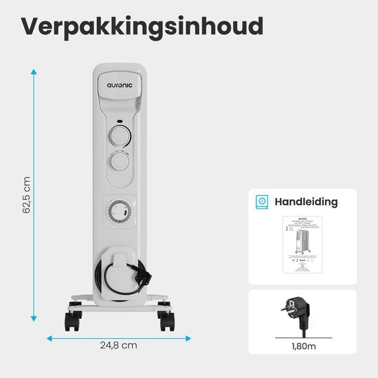 Auronic Radiateur à Huile - Chauffage Électrique avec Thermostat et Minuterie - Puissance Réglable jusqu'à 1500W - Blanc
