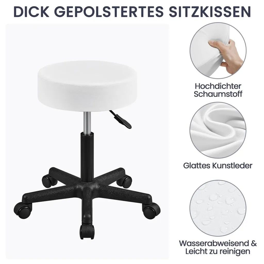 Yaheetech Tabouret roulant 50 × 50 × 46-61.5 cm - Blanc - Tabouret pivotant réglable avec roues et capacité de charge de 150 kg