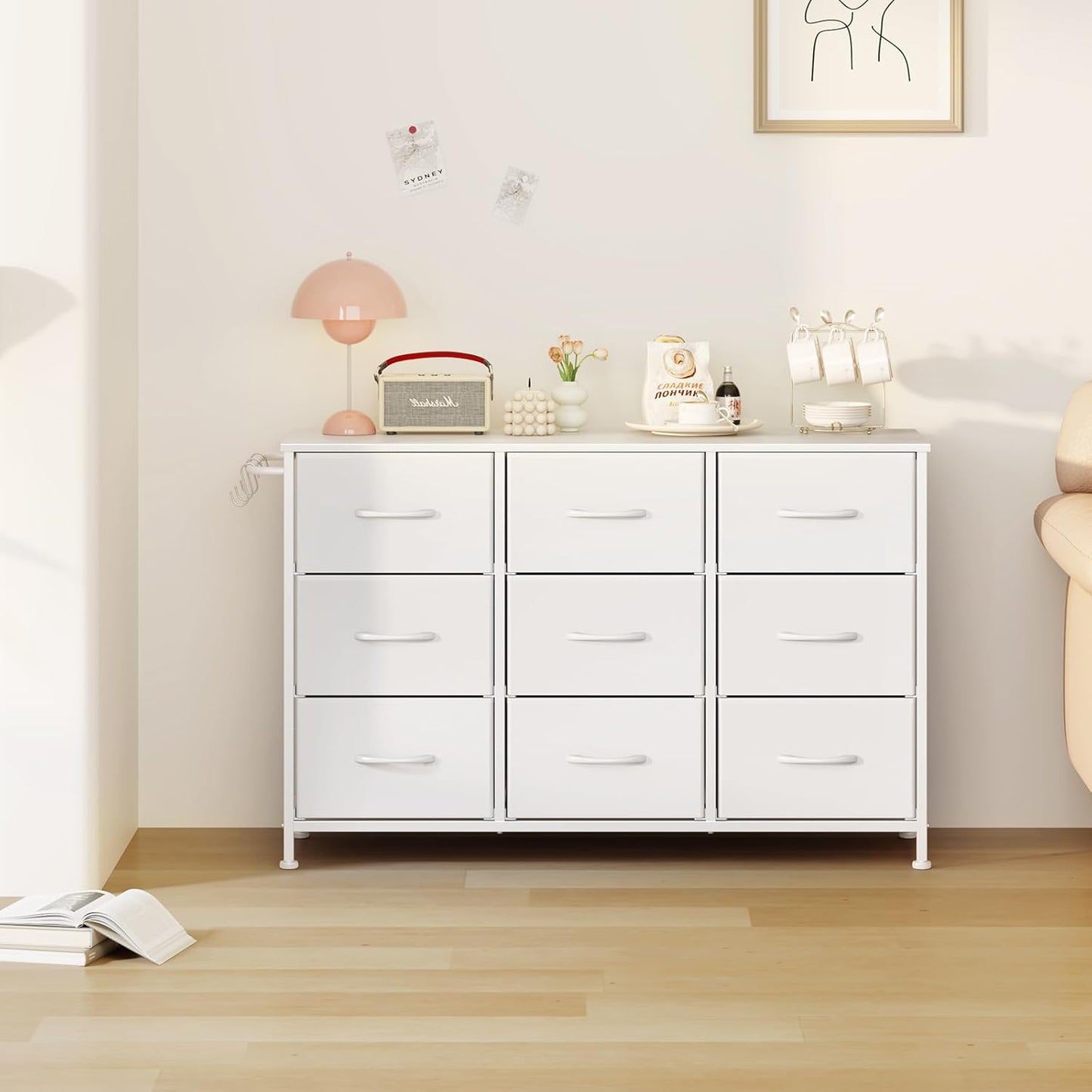 Leader Accessories Commode à 9 tiroirs en tissu pour l'entrée et le salon - 100 x 30 x 65 cm - Blanc