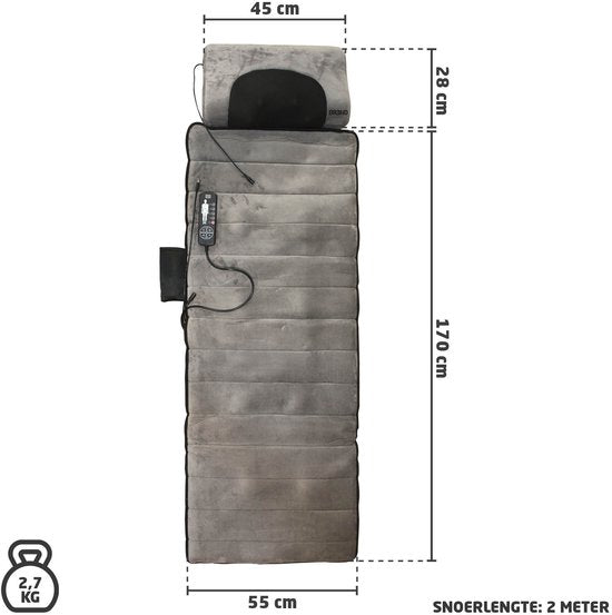 BREND BR-2230 Tapis et coussin de massage électrique - Matelas de massage avec chaleur, 5 modes de vibration et 3 intensités - Coussin de massage - 170X55 CM - Gris