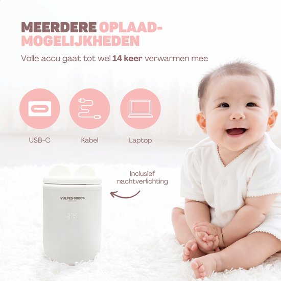 Vulpes Goods® BabyCare - Chauffe-biberon Pro - Chauffe-biberon portable pour les voyages - Chauffe-biberon intelligent - 4 niveaux de température - sans fil - 6 adaptateurs inclus - rechargeable par USB - 13 200 mAh - blanc