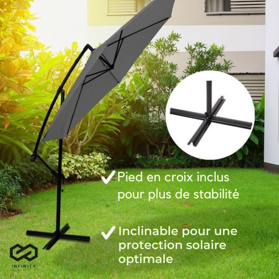 Parasol Infinity Goods - 300CM -Pied en croix inclus - Étanche - Pivotant et inclinable - Hauteur réglable - Anthracite - Gris