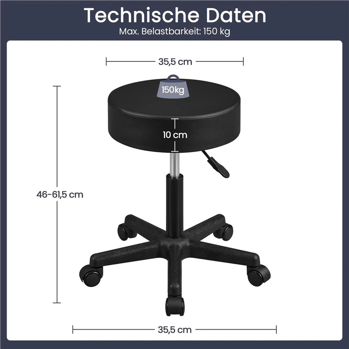 Yaheetech Tabouret de bar réglable en hauteur - équipé d'un coussin de siège de 10 cm d'épaisseur et d'une base pivotante à 360° avec roues - pour bureau, studio et îlot de cuisine - cuir noir et métal - 50 x 50 x 46 - 61,5 cm