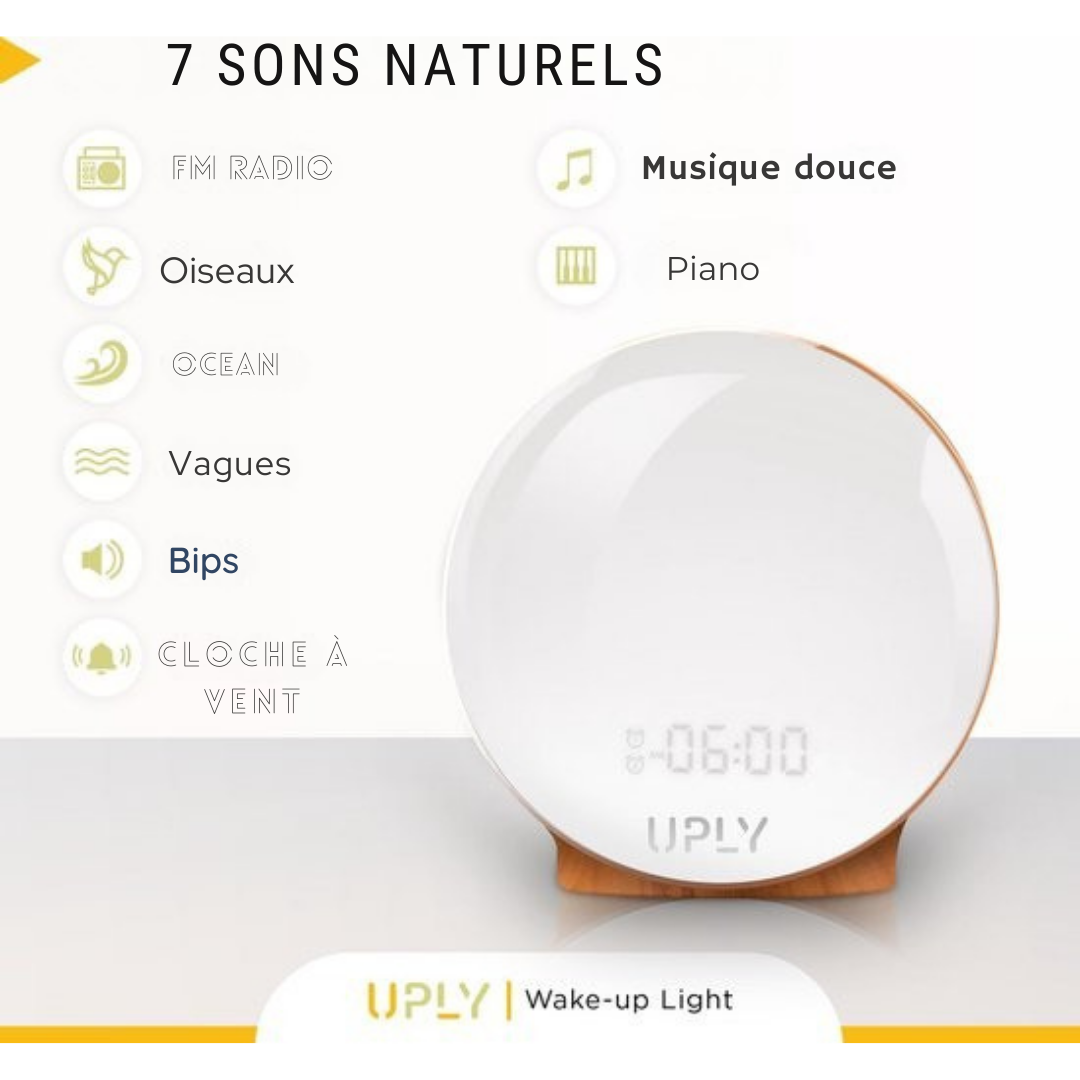 Lampe de Réveil - UPLY - Simulation du Lever et Coucher de Soleil, Sons Naturels, Radio - Commande via App