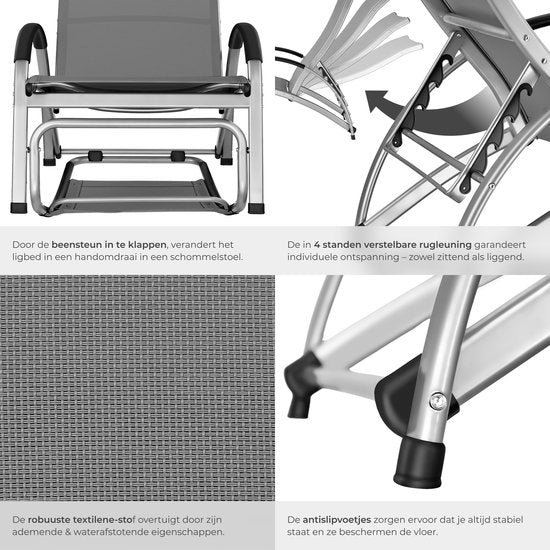 tectake® Transat Avignon - Transat réglable 2-en-1 - Fauteuil à bascule d'extérieur - Structure résistante aux intempéries et tissu imperméable et respirant - Fauteuil de jardin - Fauteuil de balcon - 195 cm de long - Anthracite