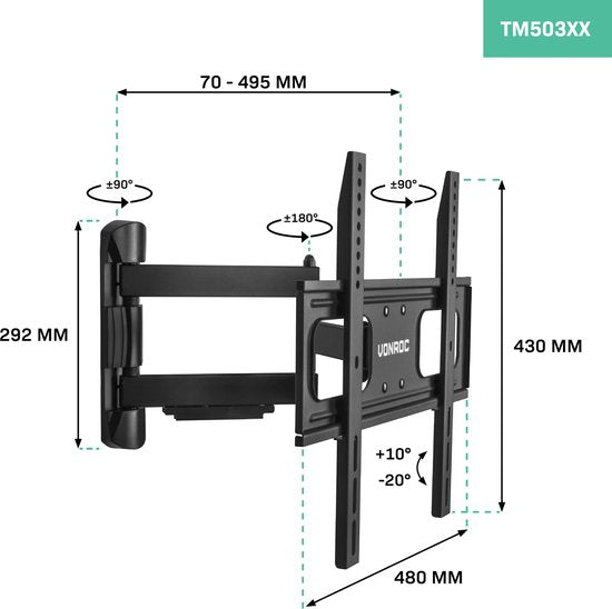 VONROC Support TV - Orientable et inclinable pour 32 à 75 pouces - Universel jusqu'à 50 kg. - Matériel de montage inclus