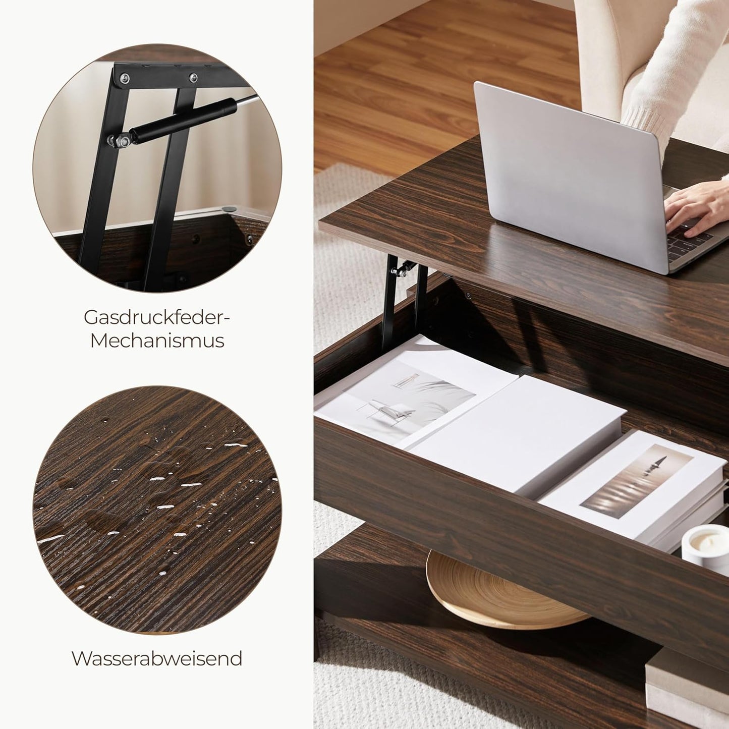 Table basse Yaheetech avec plateau réglable en hauteur - Espace de rangement dissimulé - Marron - 98 x 50 x 42-56 cm