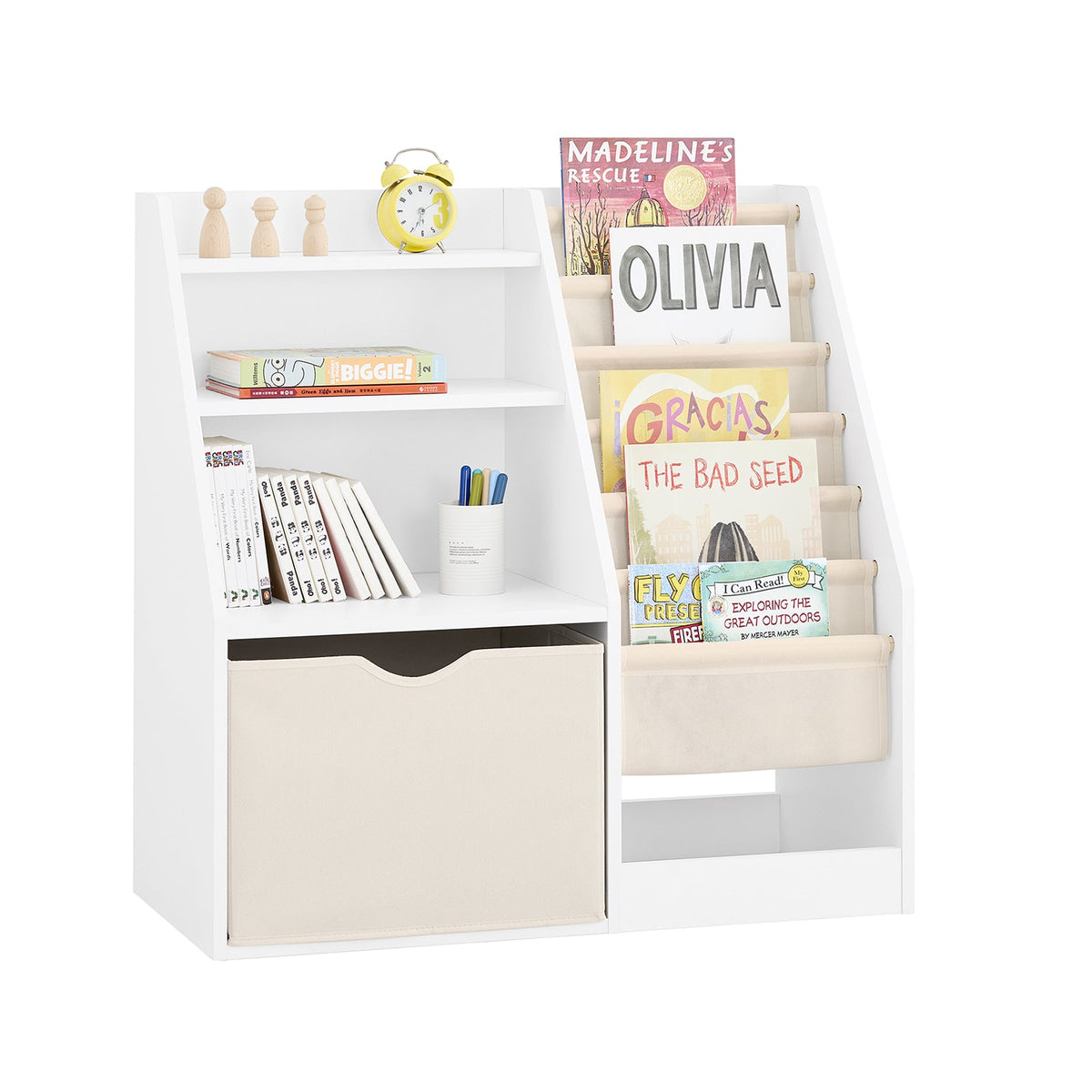 SoBuy KMB119-W Bibliothèque Montessori pour enfants 3 niveaux avec rangement et paniers en tissu, blanc, 80 x 40 x 80 cm
