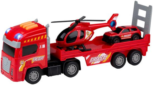 Ensemble de 3 véhicules de pompiers Eddy Toys - Ensemble comprenant une remorque, un hélicoptère et un camion de pompiers - Voiture, hélicoptère et camion de pompiers avec lumières et sons - Pompiers - Rouge