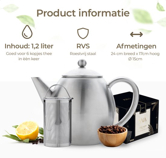 Vaja® Théière Valerie en acier inoxydable - Théière - Théière avec filtre - Théière - Théière à double paroi - Théière avec réchauffeur - Théière en acier inoxydable - 1,2 litre