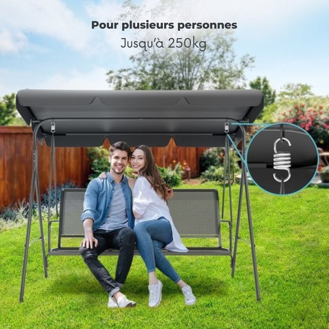 Balançoire LifeGoods - 3 places - jusqu'à 250KG - Toit inclinable - Parasol résistant aux UV - 172x104x162cm - Gris
