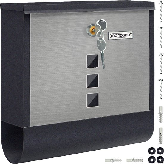 Boîte aux lettres Monzana – Acier inoxydable avec compartiment à journaux et hublot – Noir argenté