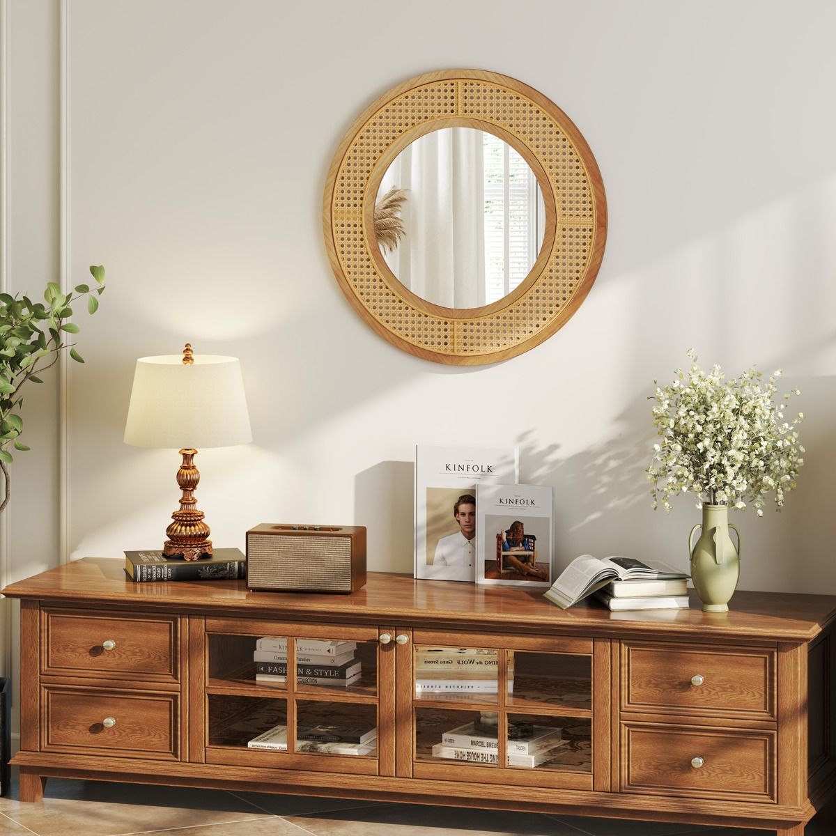 Miroir mural rond Coast - Décoration en rotin - Cadre en bois - 65 cm Naturel