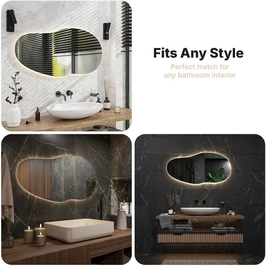 Miroir de salle de bains Mirlux avec éclairage LED – Miroir mural asymétrique – Miroir de douche anti-buée – 120 x 60 cm
