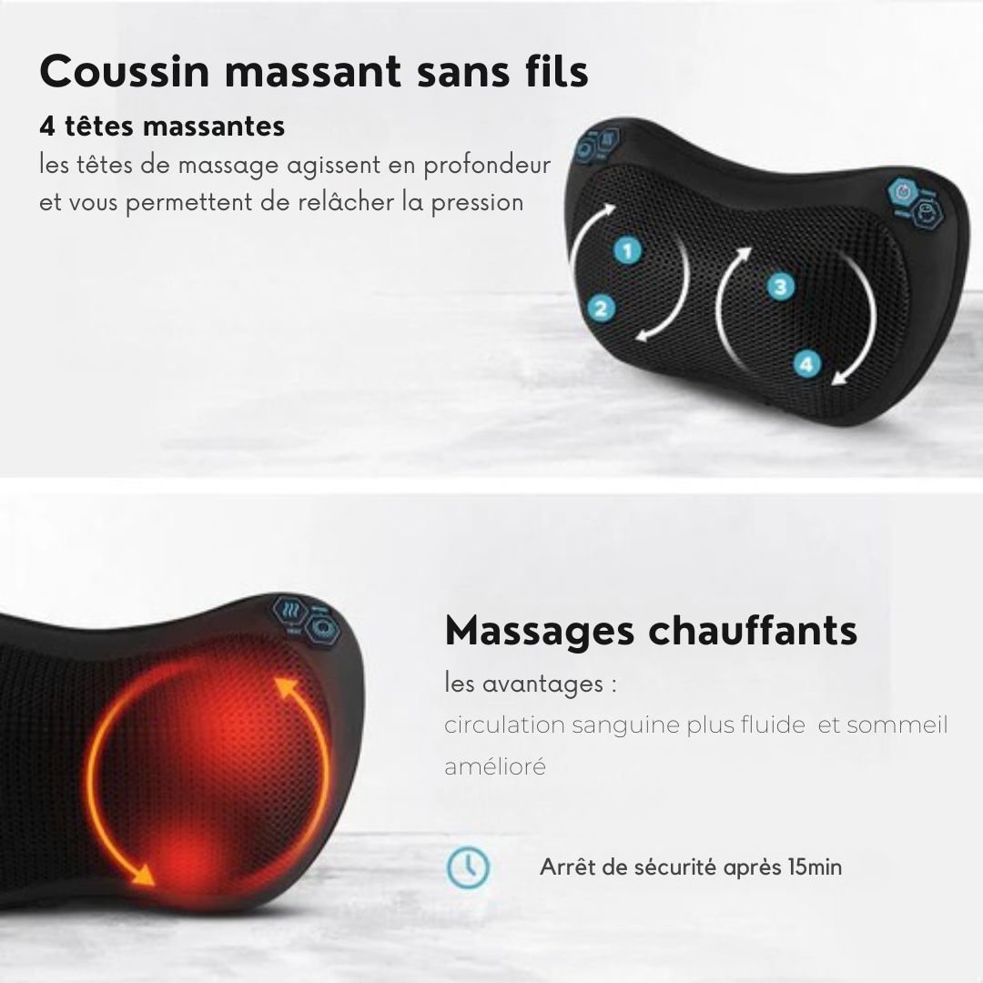 Coussin de massage sans fil - Qumax - Rechargeable - Fonction chaleur - Coussin de massage shiatsu électrique - Noir