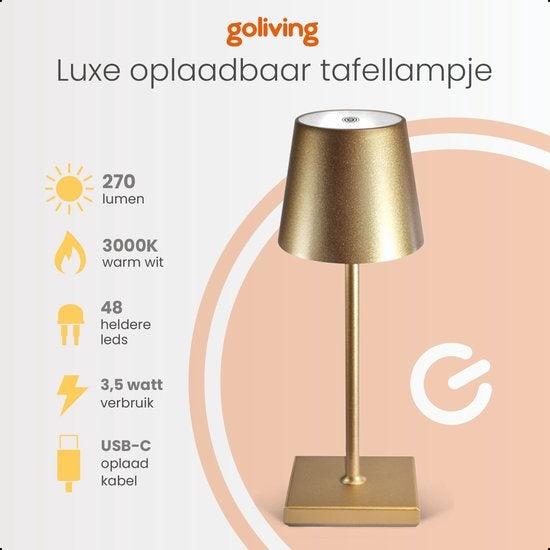 Goliving Lampe à poser Rechargeable - Sans fil et dimmable - Lampe tactile moderne - Lampe de nuit pour chambre à coucher - 26 cm - Or