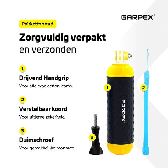 Garpex® Floating Handgrip - Trépied flottant - Universel - Convient à toutes les caméras d'action - Selfie Stick - Comprend une dragonne réglable et une vis papillon