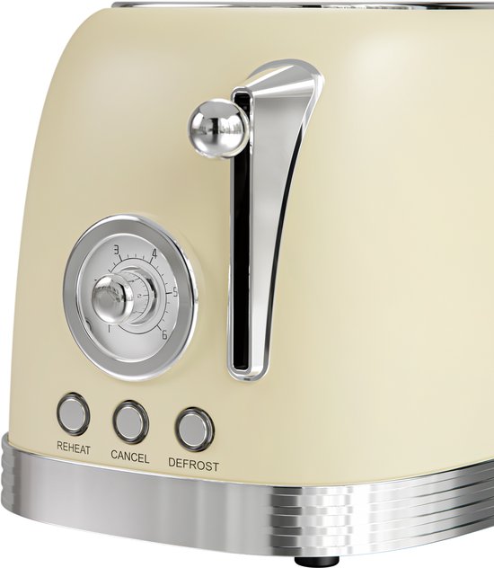 KitchenBrothers Retro Toaster - Grille-pain - 6 niveaux de chaleur - 2 fentes extra-larges - 815W - Beige