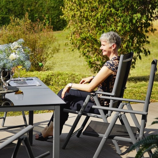 tectake® seat set aluminium folding chairs, lounge set with 6x chairs and 1x glass table dining table, garden furniture set weatherproof for balcony, garden chairs, patio furniture, lounger - silver