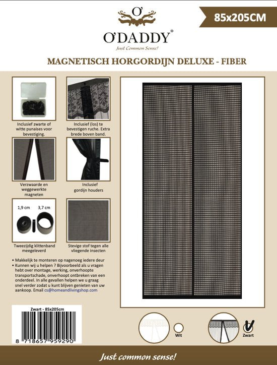 O'DADDY Rideau de porte Deluxe FIBER - Rideau anti-moustiques magnétique - Pour les nouvelles constructions et les portes standard - Installation facile - Noir Hor - 85x205 cm