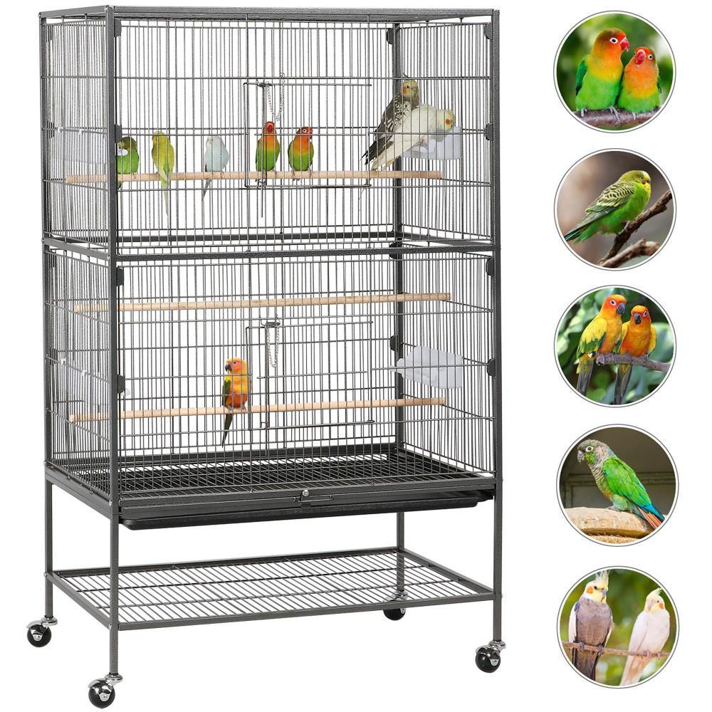 Cage à oiseaux Yaheetech 132 cm - Noire - Grande - Avec support - 3 perchoirs - 4 mangeoires - Sur roulettes