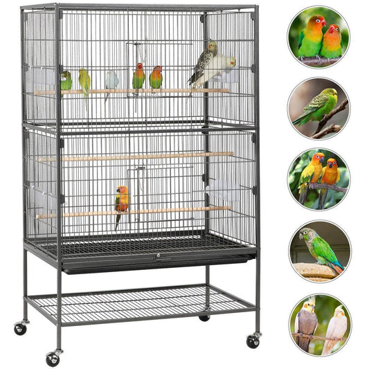 Cage à oiseaux Yaheetech 132 cm - Noire - Grande - Avec support - 3 perchoirs - 4 mangeoires - Sur roulettes