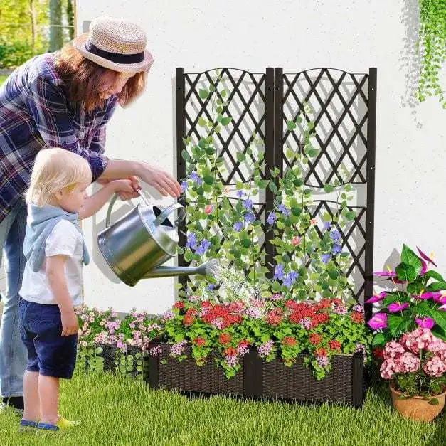 Jardinière Coast avec treillis d'escalade et parterre surélevé – Dotée d'un système d'arrosage automatique pratique, d'une grande jardinière et d'un aspect rotin – Pour jardins et balcons – Plastique PP marron – 80 de long, 40 de large et 122 de haut (cm)