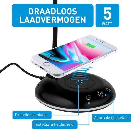 Grundig Lampe de bureau avec chargeur de téléphone - Sans fil - USB - LED - Flexible pliable - Noir