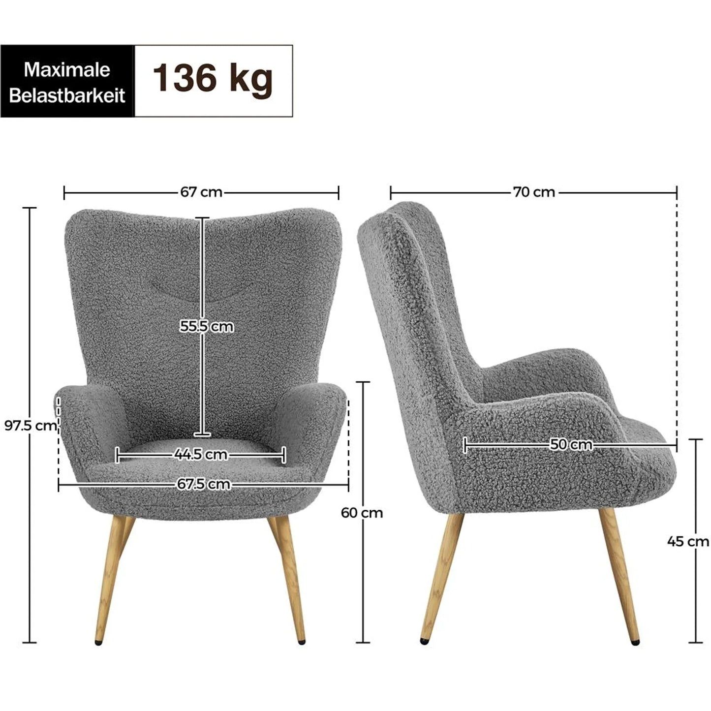 Yaheetech Fauteuil d'oreille avec dossier rabattable - équipé d'un tissu bouclé doux, de croisillons et de pieds protecteurs réglables - pour le salon et la chambre - métal gris et polyester - 70 x 67,5 x 97,5 cm